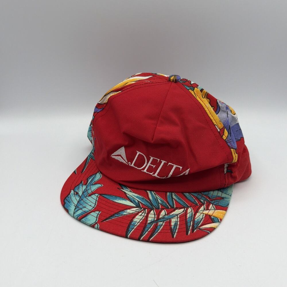 Vintage Delta Hat‎ Cap Snap Back Floral Hawaiian Advertising Mens Red 90s